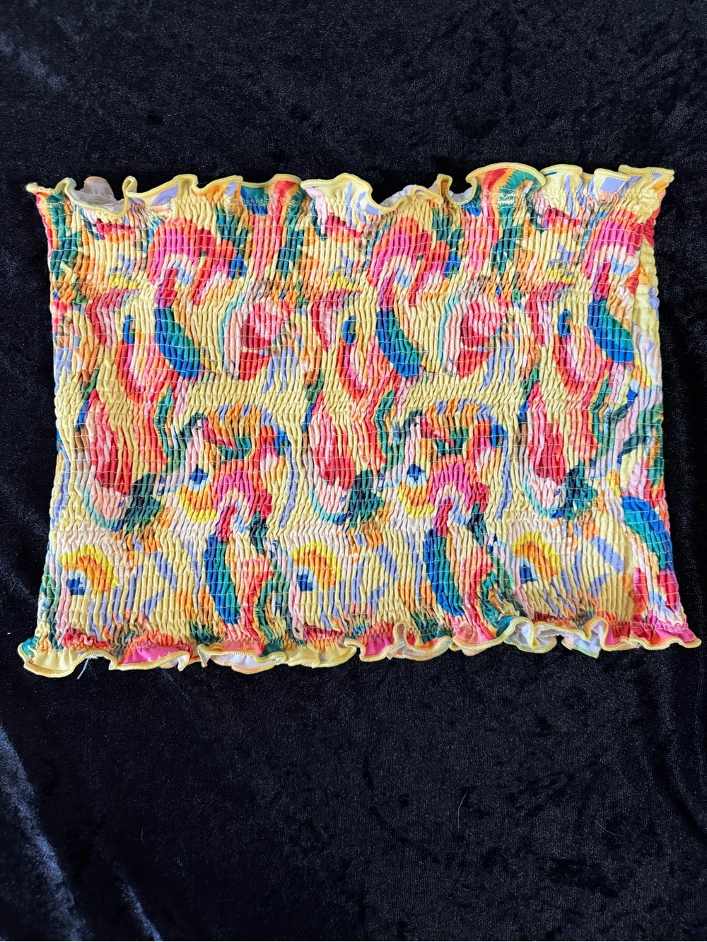 FARM Rio Yellow Multicolor Smocked Bandeau Crop Top Tropical Bird Print Size L